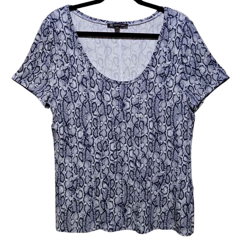 INC International Concepts Women's Blue Snakeskin Print Scoop Neck T-Shirt Sz XL